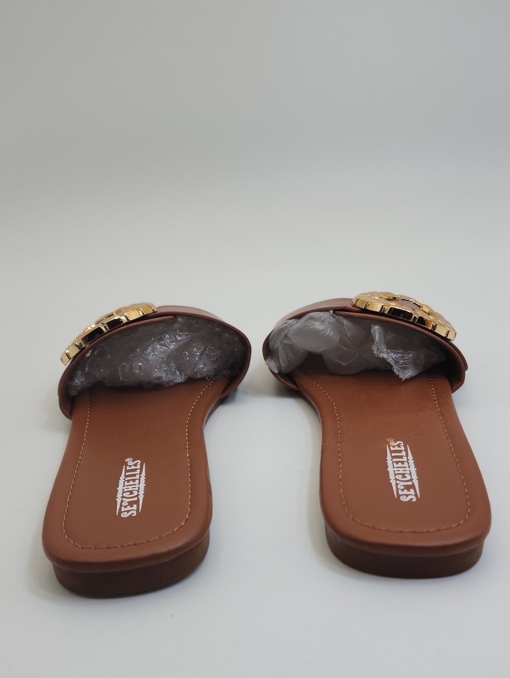 Seychelles Cognac Brown Leather Slide Sandals with Hammered Gold Buckle Sz 7.5 - Picture 4 of 11